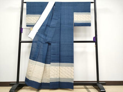 平和屋本店▽極上 ジャパンオートクチュール 渡辺雪三郎 染織の名門 しょうざん 生紬 訪問着 単衣 青褐色 反端付き 逸品 未使用 CYAA3568s5