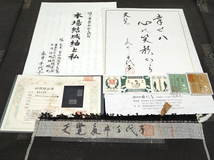 平和屋本店■希少　本場結城紬　重要無形文化財　永井千代子作　100亀甲　枝菊　黒地　証紙・反端・色紙・保証書付 逸品 未使用 CYAA3569s5