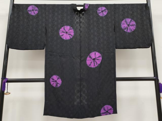 平和屋着物▽極上 スリーシーズン 春夏秋 塵除け 長羽織 絞り 丸文 黒地 逸品 CYAA3583s5
