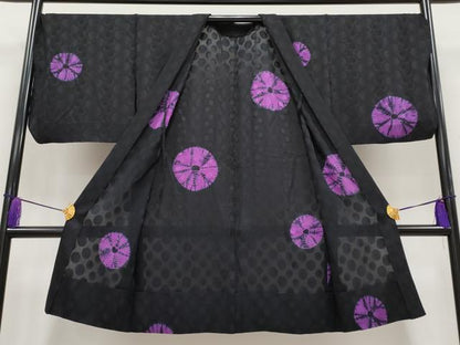 平和屋着物▽極上 スリーシーズン 春夏秋 塵除け 長羽織 絞り 丸文 黒地 逸品 CYAA3583s5