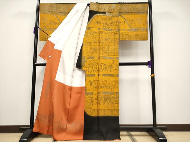 平和屋本店■極上　初代 染人・山岡古都　首里琉染　訪問着　大名行列　暈し染め　銀彩　金茶色地　逸品　CYAA3618s5