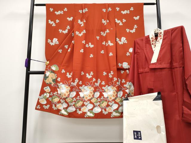 平和屋着物■極上　青々庵　撫松庵　七五三　女の子　7歳　祝着・長襦袢セット　兎花蝶文　丹色　洗える着物　たとう紙付　逸品 CYAA3635s5
