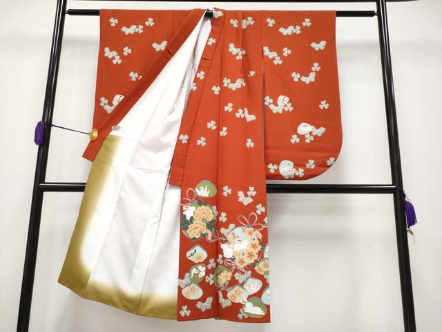 平和屋着物■極上　青々庵　撫松庵　七五三　女の子　7歳　祝着・長襦袢セット　兎花蝶文　丹色　洗える着物　たとう紙付　逸品 CYAA3635s5