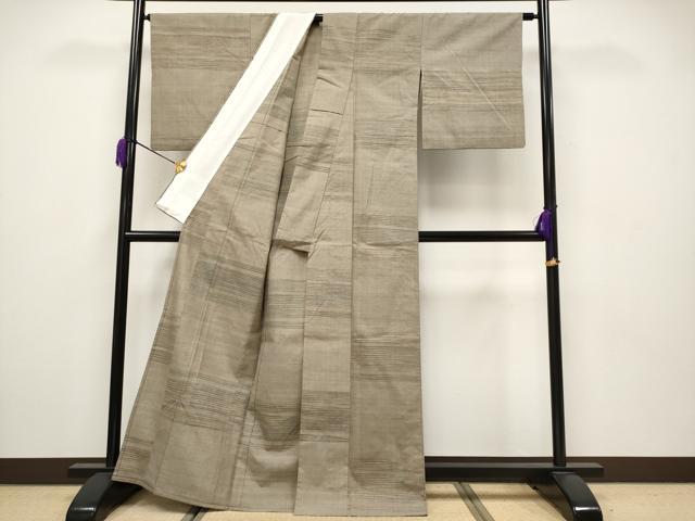平和屋本店▽極上　日本工芸会正会員　秋山眞和　綾の手紬　手織　本藍染　単衣　横段文　逸品　CYAA3642s5