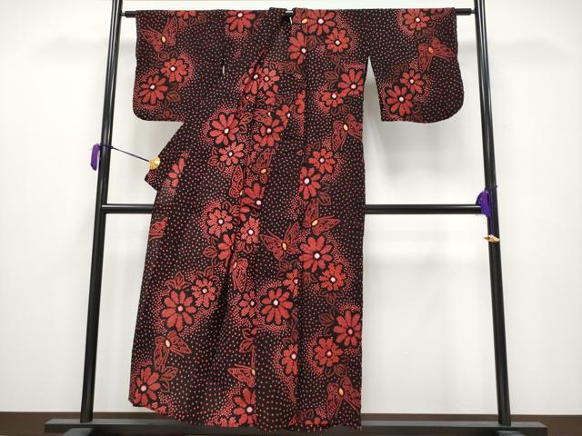 平和屋着物∴極上 夏物 浴衣 有松鳴海絞り 花蝶文 黒地 綿 逸品 CYAA3666s5