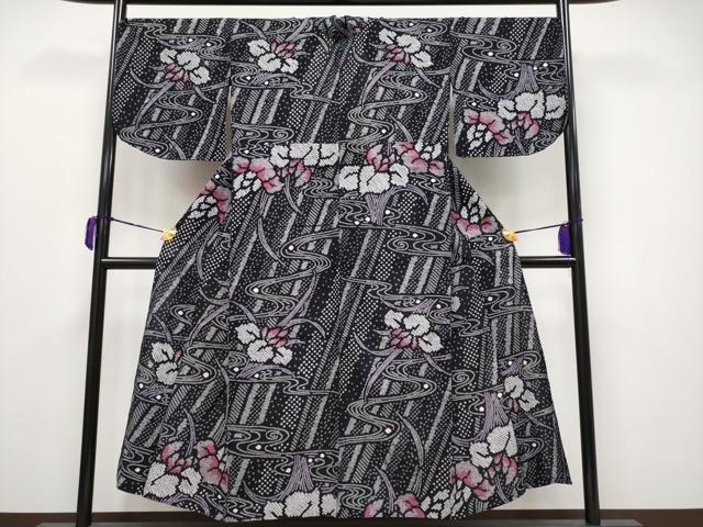 平和屋着物∴極上 夏物 浴衣 有松鳴海絞り 杜若 黒地 綿 逸品 CYAA3682s5