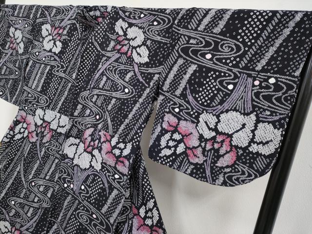 平和屋着物∴極上 夏物 浴衣 有松鳴海絞り 杜若 黒地 綿 逸品 CYAA3682s5
