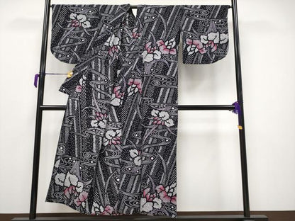 平和屋着物∴極上 夏物 浴衣 有松鳴海絞り 杜若 黒地 綿 逸品 CYAA3682s5