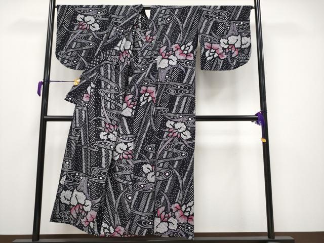 平和屋着物∴極上 夏物 浴衣 有松鳴海絞り 杜若 黒地 綿 逸品 CYAA3682s5