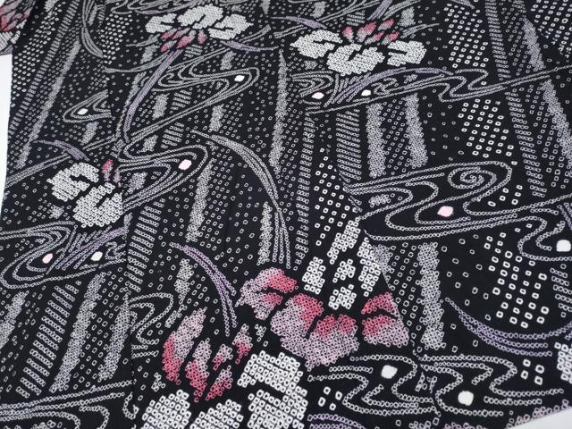 平和屋着物∴極上 夏物 浴衣 有松鳴海絞り 杜若 黒地 綿 逸品 CYAA3682s5