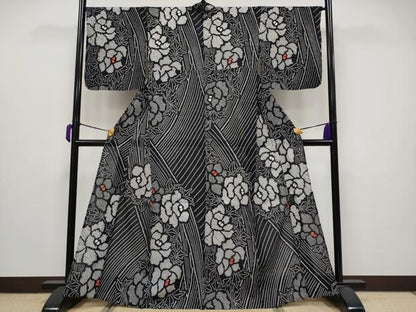 平和屋着物∴極上 夏物 浴衣 有松鳴海絞り 牡丹 黒地 綿 逸品 CYAA3683s5