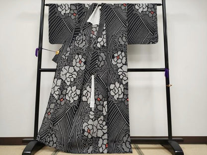 平和屋着物∴極上 夏物 浴衣 有松鳴海絞り 牡丹 黒地 綿 逸品 CYAA3683s5