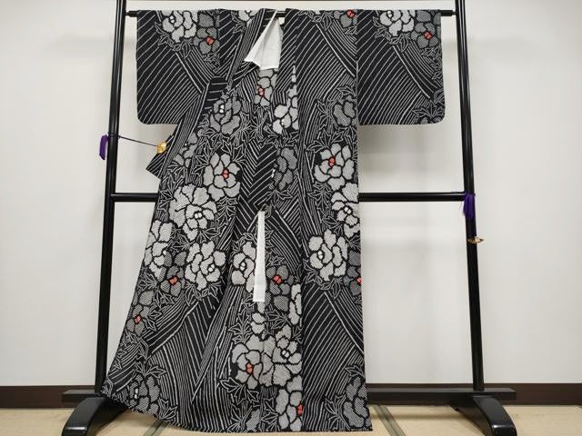 平和屋着物∴極上 夏物 浴衣 有松鳴海絞り 牡丹 黒地 綿 逸品 CYAA3683s5
