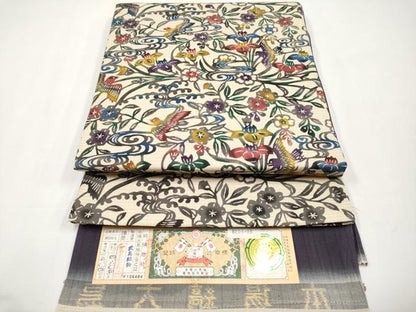 平和屋着物●極上 両面 六通柄袋帯 紅型 本場縞大島紬 流水花鳥文 薄香色地 証紙付き 逸品 CYAA3757s5