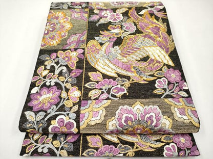 平和屋本店■極上　京の名門　じゅらく謹製　帝王紫　袋帯　総刺繍　駒刺繍　鳳凰草花文　黒地　金糸　逸品　CYAA3778s5
