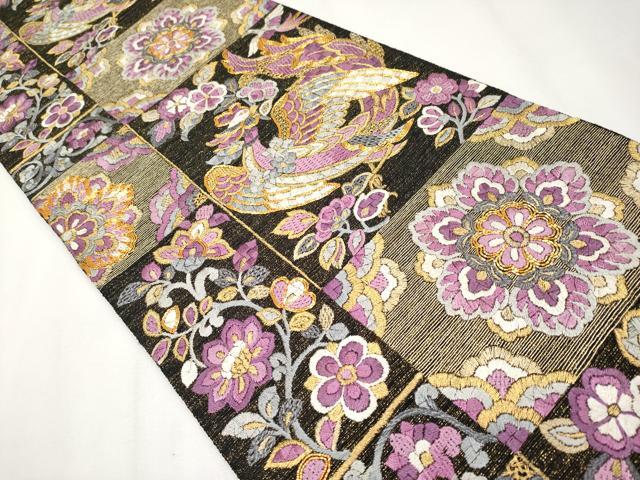 平和屋本店■極上　京の名門　じゅらく謹製　帝王紫　袋帯　総刺繍　駒刺繍　鳳凰草花文　黒地　金糸　逸品　CYAA3778s5