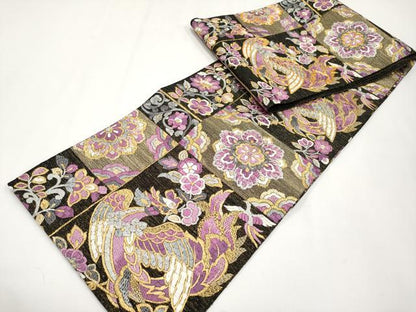 平和屋本店■極上　京の名門　じゅらく謹製　帝王紫　袋帯　総刺繍　駒刺繍　鳳凰草花文　黒地　金糸　逸品　CYAA3778s5