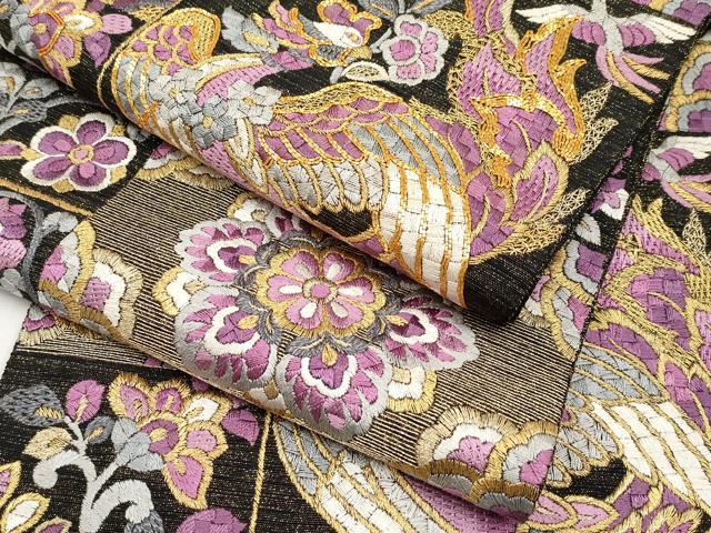 平和屋本店■極上　京の名門　じゅらく謹製　帝王紫　袋帯　総刺繍　駒刺繍　鳳凰草花文　黒地　金糸　逸品　CYAA3778s5