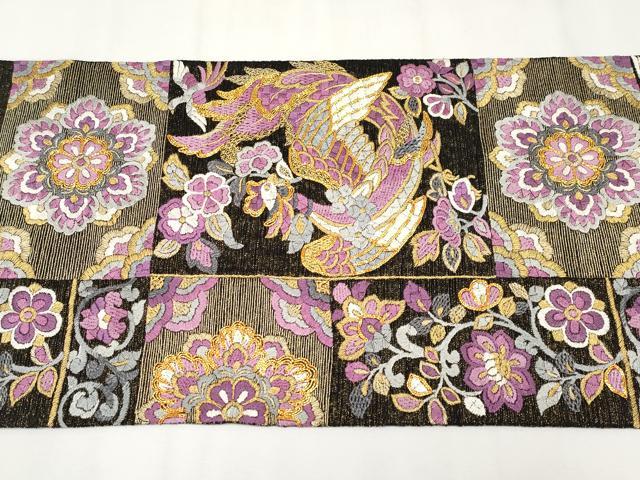 平和屋本店■極上　京の名門　じゅらく謹製　帝王紫　袋帯　総刺繍　駒刺繍　鳳凰草花文　黒地　金糸　逸品　CYAA3778s5