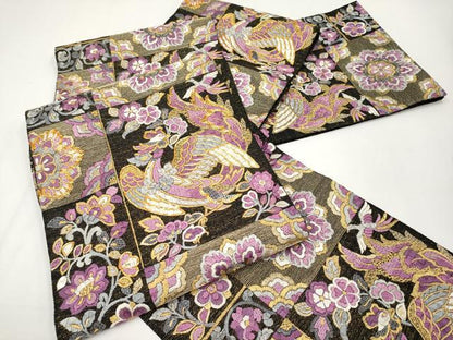 平和屋本店■極上　京の名門　じゅらく謹製　帝王紫　袋帯　総刺繍　駒刺繍　鳳凰草花文　黒地　金糸　逸品　CYAA3778s5