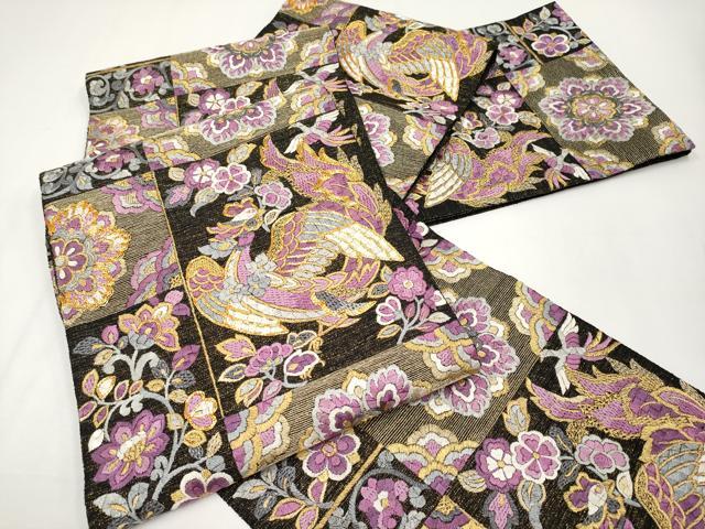 平和屋本店■極上　京の名門　じゅらく謹製　帝王紫　袋帯　総刺繍　駒刺繍　鳳凰草花文　黒地　金糸　逸品　CYAA3778s5