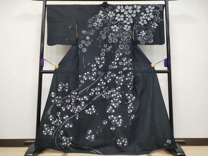 平和屋着物∴極上 夏物 浴衣 絵羽 有松鳴海絞り 枝垂れ桜文 黒地 綿 逸品 CYAA3792s5