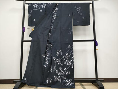 平和屋着物∴極上 夏物 浴衣 絵羽 有松鳴海絞り 枝垂れ桜文 黒地 綿 逸品 CYAA3792s5
