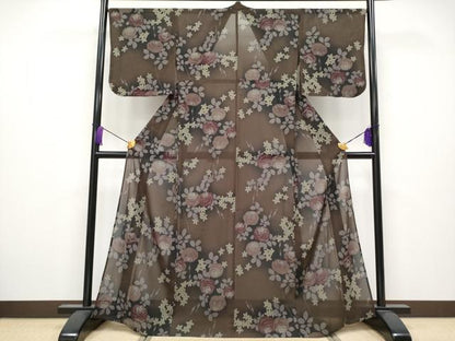 平和屋着物∴極上 夏物 撫松庵 小紋・浴衣兼用 セオアルファ 枝花文 赤墨色地 洗える着物 逸品 CYAA3801s5