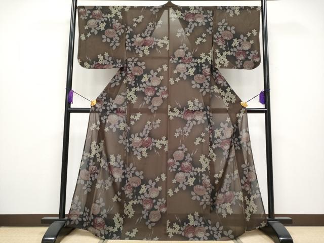 平和屋着物∴極上 夏物 撫松庵 小紋・浴衣兼用 セオアルファ 枝花文 赤墨色地 洗える着物 逸品 CYAA3801s5