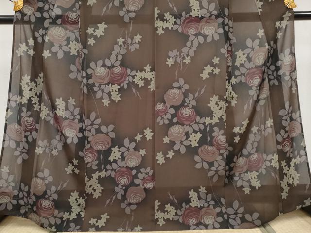 平和屋着物∴極上 夏物 撫松庵 小紋・浴衣兼用 セオアルファ 枝花文 赤墨色地 洗える着物 逸品 CYAA3801s5