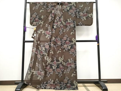 平和屋着物∴極上 夏物 撫松庵 小紋・浴衣兼用 セオアルファ 枝花文 赤墨色地 洗える着物 逸品 CYAA3801s5