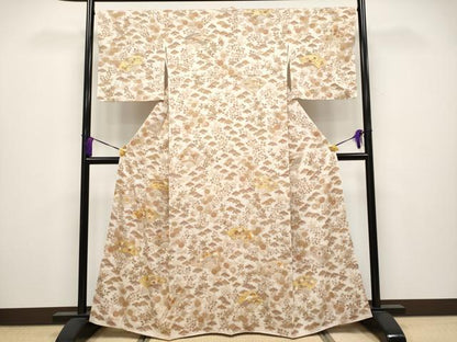 平和屋本店●極上　銀座きしや　訪問着　駒刺繍　絞り　扇面枝花文　金彩　灰梅色地　逸品　未使用　CYAA3837s5