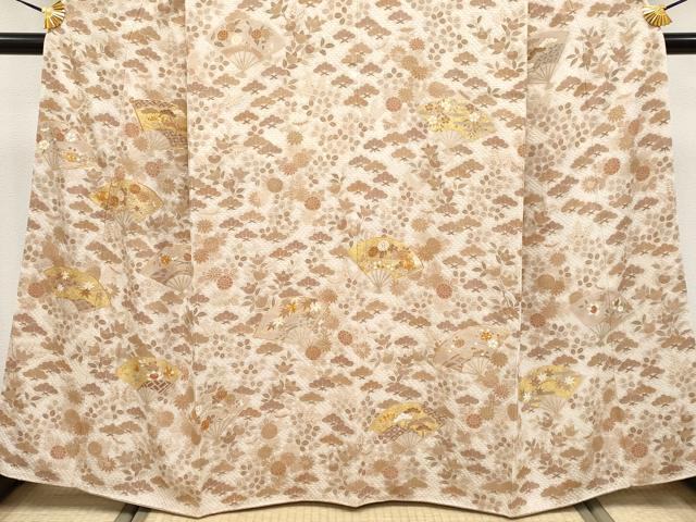 平和屋本店●極上　銀座きしや　訪問着　駒刺繍　絞り　扇面枝花文　金彩　灰梅色地　逸品　未使用　CYAA3837s5