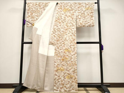 平和屋本店●極上　銀座きしや　訪問着　駒刺繍　絞り　扇面枝花文　金彩　灰梅色地　逸品　未使用　CYAA3837s5