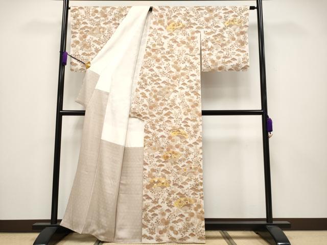 平和屋本店●極上　銀座きしや　訪問着　駒刺繍　絞り　扇面枝花文　金彩　灰梅色地　逸品　未使用　CYAA3837s5
