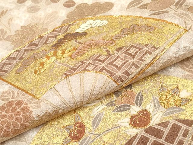 平和屋本店●極上　銀座きしや　訪問着　駒刺繍　絞り　扇面枝花文　金彩　灰梅色地　逸品　未使用　CYAA3837s5