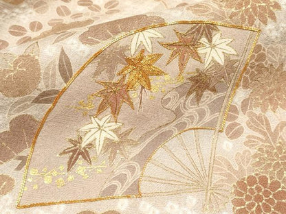 平和屋本店●極上　銀座きしや　訪問着　駒刺繍　絞り　扇面枝花文　金彩　灰梅色地　逸品　未使用　CYAA3837s5