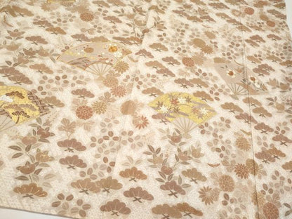 平和屋本店●極上　銀座きしや　訪問着　駒刺繍　絞り　扇面枝花文　金彩　灰梅色地　逸品　未使用　CYAA3837s5