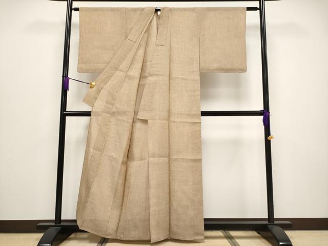 平和屋着物＊極上 夏物 本場小千谷ちぢみ 縞 丁子染色 反端付き 麻 逸品 未使用 CYAA3850s5