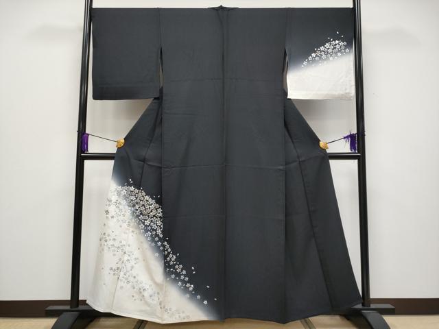 平和屋着物▽極上 訪問着 単衣 舞桜 暈し染め 黒地 銀彩 逸品 CYAA3857s5
