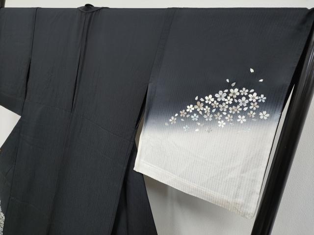 平和屋着物▽極上 訪問着 単衣 舞桜 暈し染め 黒地 銀彩 逸品 CYAA3857s5