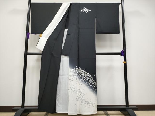 平和屋着物▽極上 訪問着 単衣 舞桜 暈し染め 黒地 銀彩 逸品 CYAA3857s5