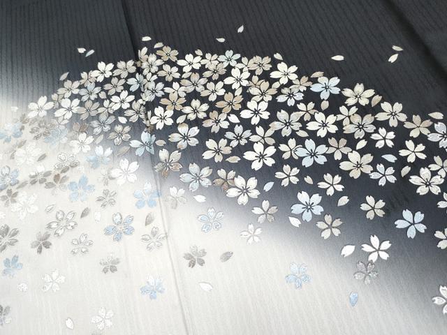 平和屋着物▽極上 訪問着 単衣 舞桜 暈し染め 黒地 銀彩 逸品 CYAA3857s5