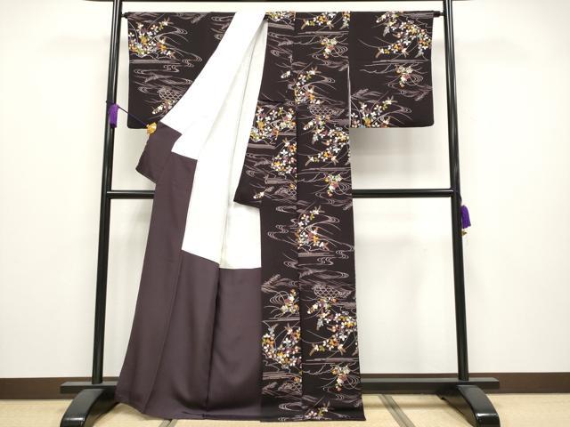 平和屋本店■極上　京都祇園の老舗　ぎをん齋藤　小紋　立波籬花文　鬼しぼ縮緬　黒紅色地　逸品　CYAA3862s5