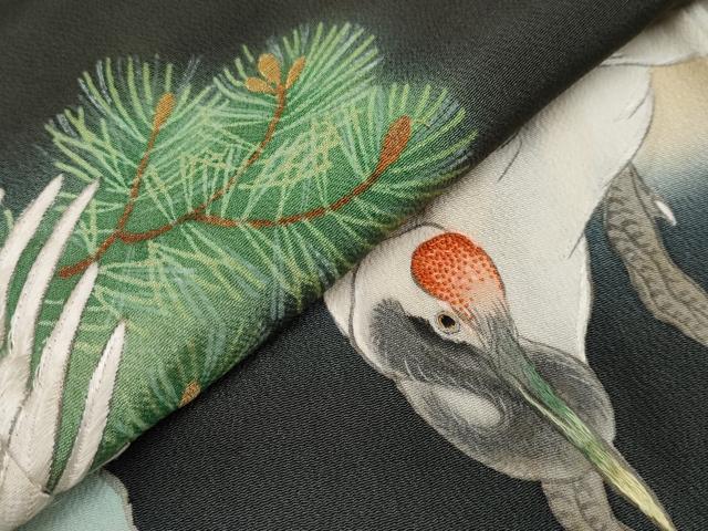 平和屋着物●極上 アンティーク 大正ロマン 中国三大刺繍 相良刺繍 振袖 手描き 鶴 松 暈し染め 黒地 金糸 逸品 CYAA3866s5