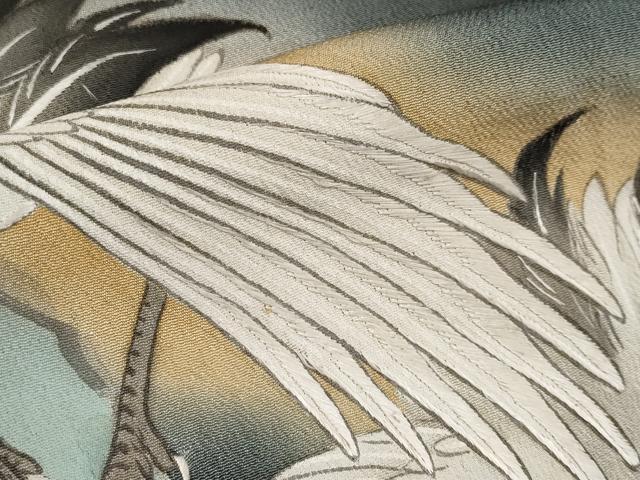平和屋着物●極上 アンティーク 大正ロマン 中国三大刺繍 相良刺繍 振袖 手描き 鶴 松 暈し染め 黒地 金糸 逸品 CYAA3866s5
