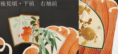 平和屋着物■極上　アンティーク　大正ロマン　振袖　地紙花鳥文　黒地　金彩　逸品　CYAA3871s5