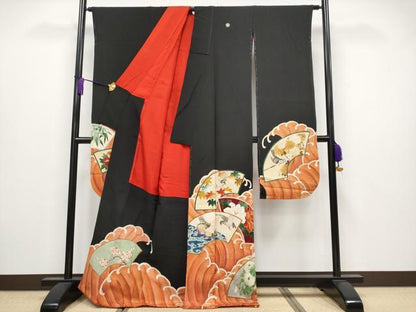 平和屋着物■極上　アンティーク　大正ロマン　振袖　地紙花鳥文　黒地　金彩　逸品　CYAA3871s5