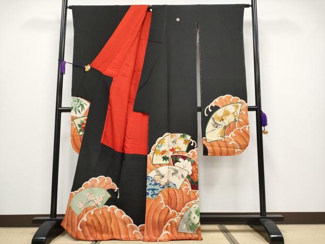 平和屋着物■極上　アンティーク　大正ロマン　振袖　地紙花鳥文　黒地　金彩　逸品　CYAA3871s5