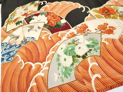 平和屋着物■極上　アンティーク　大正ロマン　振袖　地紙花鳥文　黒地　金彩　逸品　CYAA3871s5